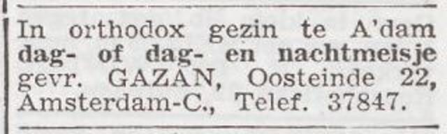 Advertentie 'personeel gevraagd' van het gezin Levie Gazan