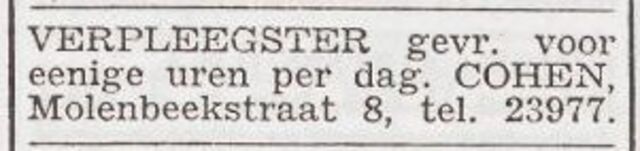 Advertentie 'personeel gevraagd' van het gezin Mozes Cohen