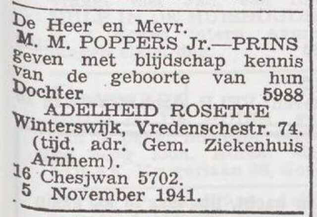 Bekendmaking van de geboorte van Adelheid Rosette Poppers