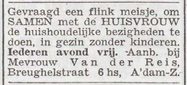 Advertentie 'personeel gevraagd' van Johanna van der Reis-van Adelsbergen