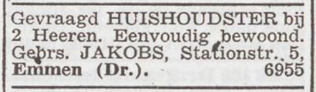 Advertentie 'personeel gevraagd' van de gebr. Jakobs