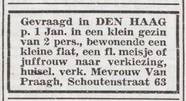 Advertentie 'personeel gevraagd' van het echtpaar Helena en Maurits van Praagh