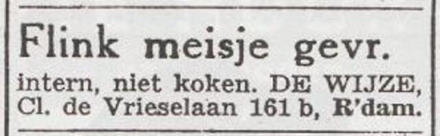 Advertentie 'personeel gevraagd' vam Hester Kleinkramer-de Wyze