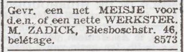 Advertentie 'personeel gevraagd' van het gezin Zadick
