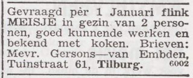 Advertentie 'personeel gevraagd' van Frida Henriette Gersons-van Embden