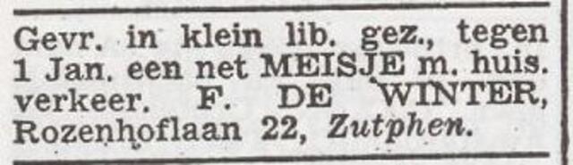 Advertentie 'personeel gevraagd' van het gezin Ferdinand de Winter
