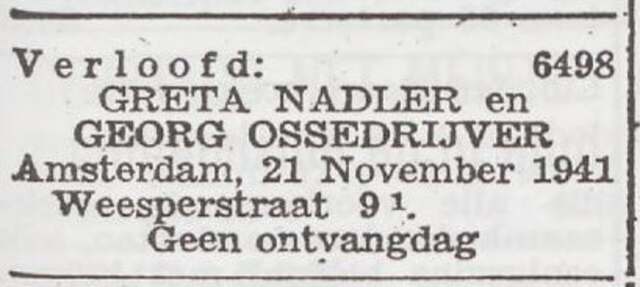 Bekendmaking van de verloving van Georg Ossedryver en Greta Nadler