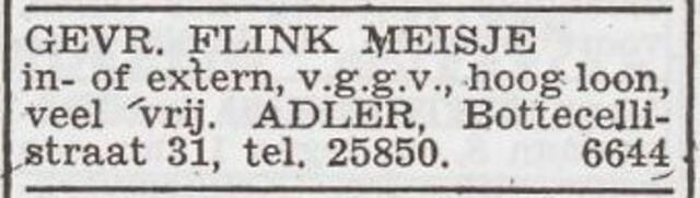 Advertentie 'personeel gevraagd' van het gezin Alfred Adler