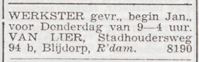 Advertentie 'personeel gevraagd' van het gezin Abraham van Lier