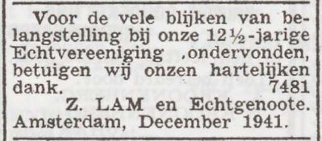 Dankbetuiging van het echtpaar Zadok en Elizabeth Lam
