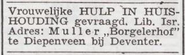Advertentie 'personeel gevraagd' van het gezin Muller