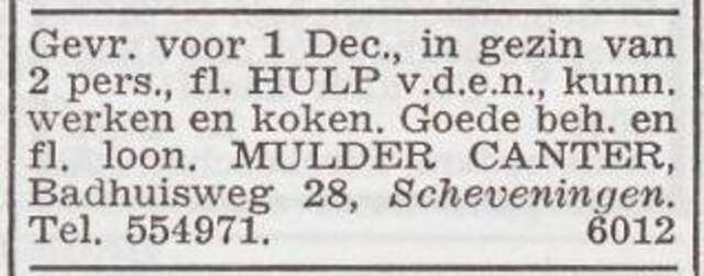 Advertentie 'personeel gevraagd' van het echtpaar Mulder Canter