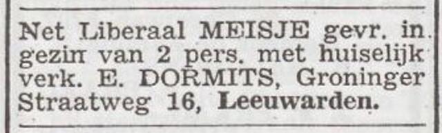 Advertentie 'personeel gevraagd' van het gezin Elias Dormits