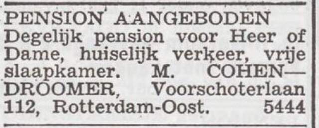 Advertentie 'te huur aangeboden' van Mietje Cohen-Droomer