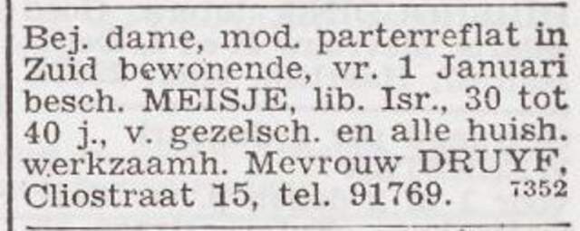 Advertentie 'personeel gevraagd' van mw. Druijf