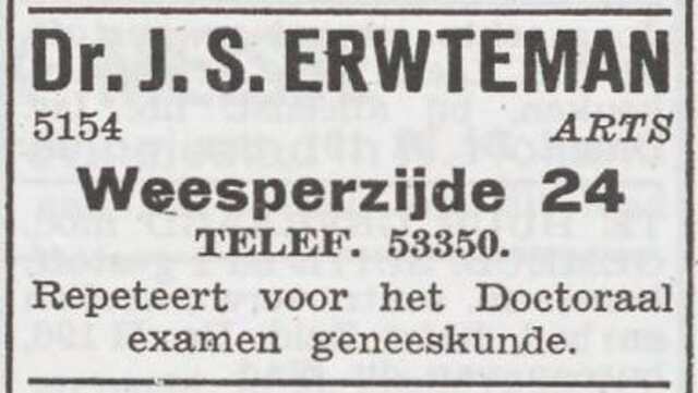 Advertentie van dr. Juda Erwteman