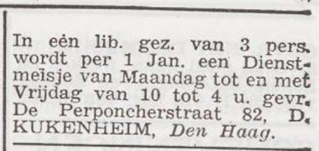 Advertentie 'personeel gevraagd' van het gezin David Kukenheim