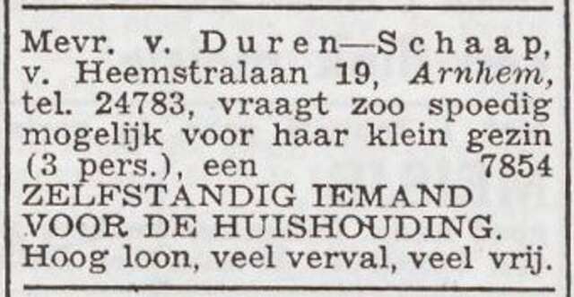 Advertentie 'personeel gevraagd' van Anna van Duren-Schaap