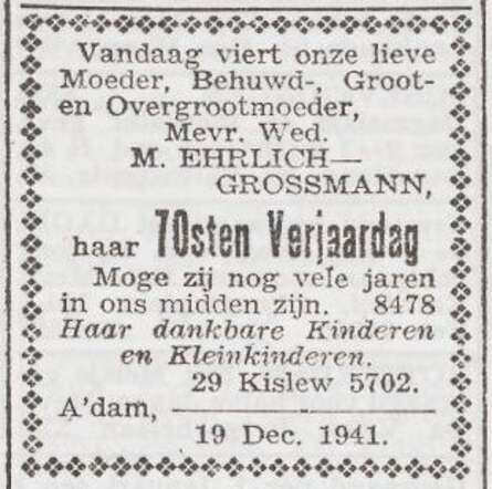 Viering van de 70ste verjaardag van Mindel Ehrlich-Grossmann