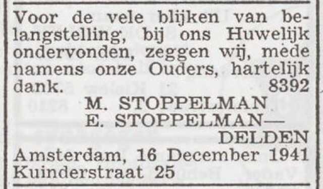 Dankbetuiging van het echtpaar Stoppelman
