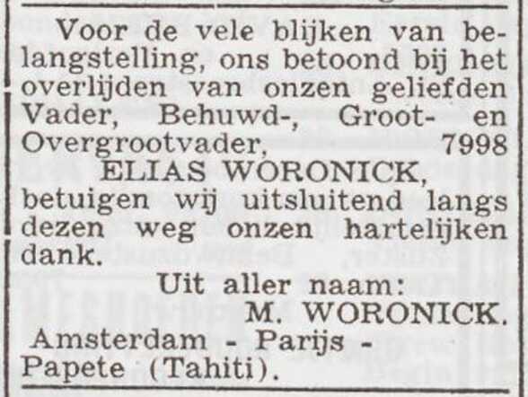 Dankbetuiging van Mozes Woronick