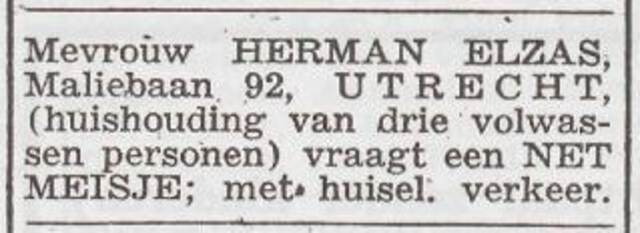 Advertentie 'personeel gevraagd' van het gezin Elzas