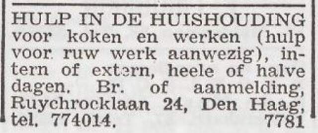 Advertentie 'personeel gevraagd' van het gezin Emanuel Moresco