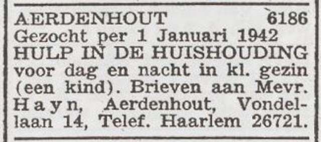 Advertentie 'personeel gevraagd' van het gezin Herbert Hayn