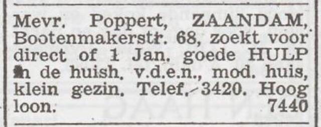 Advertentie 'personeel gevraagd' van het gezin Erich Karl Poppert