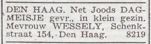 Advertentie 'personeel gevraagd' van Else Wessely-Steiner