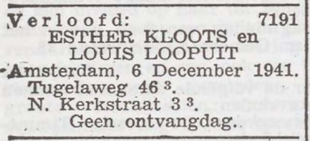 Bekendmaking van de verloving van Levie Loopuit en Esther Wilhelmina Kloots