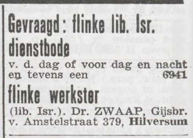 Advertentie 'personeel gevraagd' van dr. Salomon Zwaap