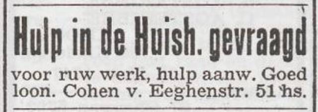 Advertentie 'personeel gevraagd' van het gezin Jacques Cohen