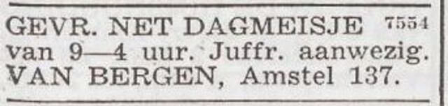 Advertentie 'personeel gevraagd' van het gezin Joseph en Feikje van Bergen