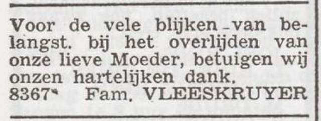 Dankbetuiging van de familie Vleeskruyer