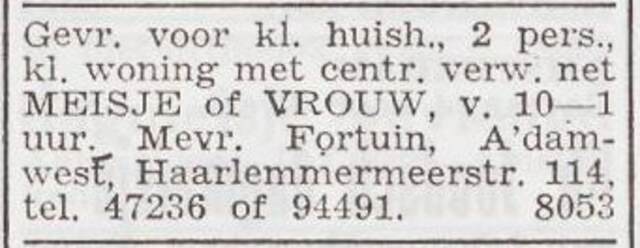 Advertentie 'personeel gevraagd' van Sara Henriette Fortuin-Ostwald