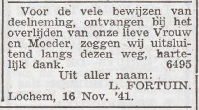 Dankbetuiging van de familie Fortuin