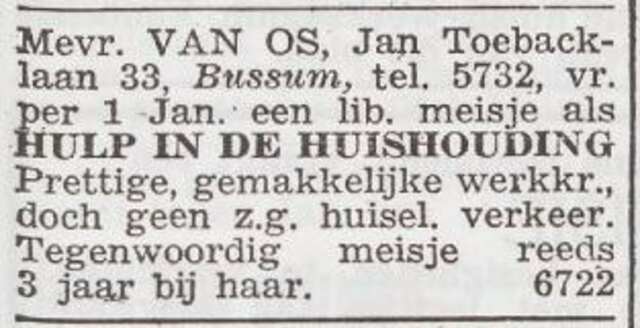 Advertentie 'personeel gevraagd' van Cora Suze van Os-Franco Mendes