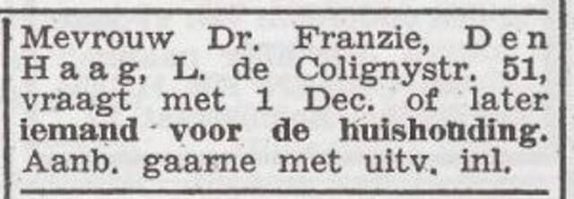 Advertentie 'personeel gevraagd' van Helene Franzie-Heimann