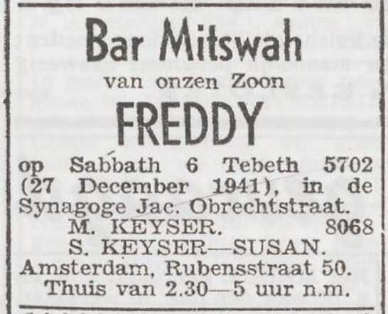 Aankondiging van de bar mitswa van Freddy Keijser
