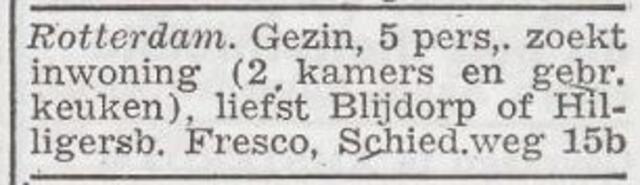 Advertentie 'te huur gevraagd' van het gezin Jonas Jacob Fresco