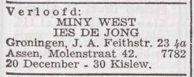 Bekendmaking van de verloving van Fromina Bertha West en Israel de Jong