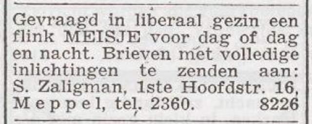 Advertentie 'personeel gevraagd' van het gezin Salomon Zaligman
