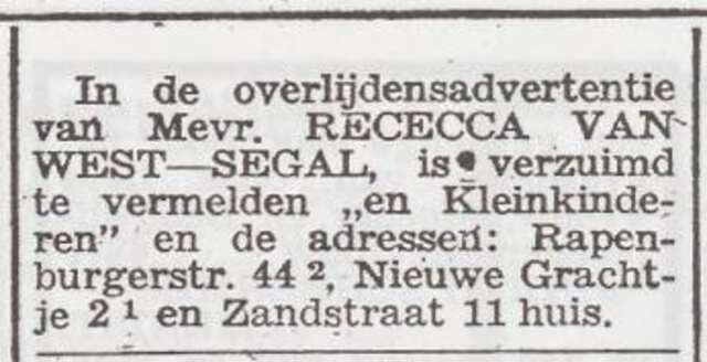 Correctie overlijdensadvertentie Rebecca van West-Segal