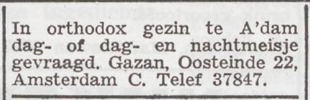 Advertentie 'personeel gevraagd' van het gezin Levie Gazan