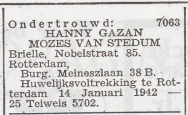 Aankondiging van het huwelijk van Hanna Gazan en Mozes van Stedum
