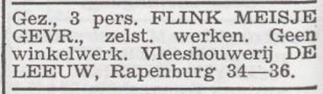 Advertentie 'personeel gevraagd' van slager Louis de Leeuw