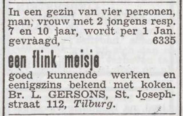 Advertentie 'personeel gevraagd' van het gezin Louis Gersons