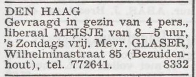 Advertentie 'personeel gevraagd' van Mietje Glazer-Speijer