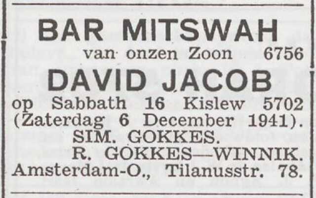 Aankondiging van de bar mitswa van David Jacob Gokkes